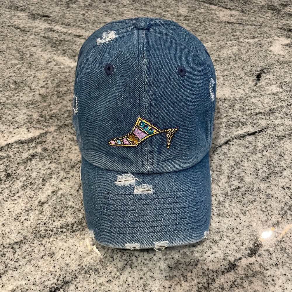 New Custom Designed Blue Distressed Baseball Cap with Jeweled Heel, Adjustable